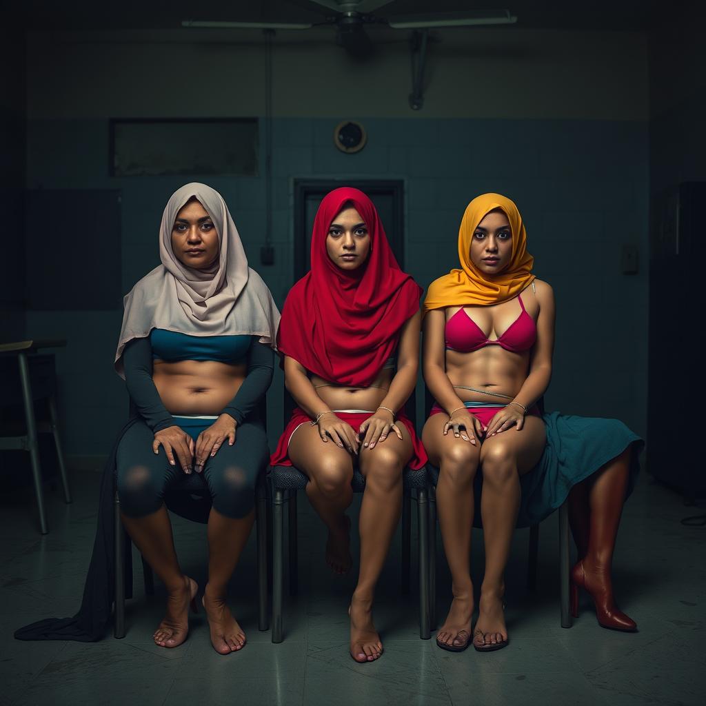 female prisoners wearing hijabs and bikinis in a room, sitting on a chair, tied up