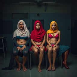 female prisoners wearing hijabs and bikinis in a room, sitting on a chair, tied up