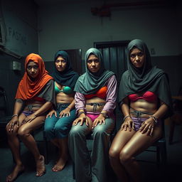 female prisoners wearing hijabs and bikinis in a room, sitting on a chair, tied up