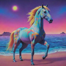 Surrealist psychedelic oceanic scene featuring an animated, neon-colored horse with tripophobic skin, set in a kaleidoscopic LSD color-infused environment