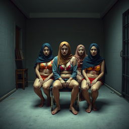 female prisoners wearing hijabs and bikinis in a room, sitting on a chair, tied up