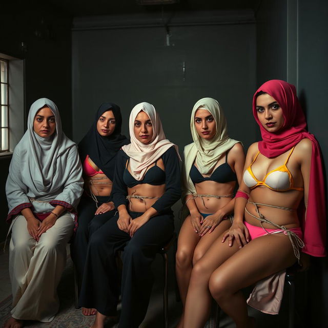 female prisoners wearing hijabs and bikinis in a room, sitting on a chair, tied up