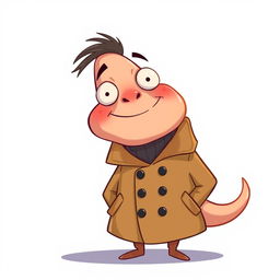 A humorous illustration featuring an anthropomorphic character resembling a phallic shape wearing an overcoat