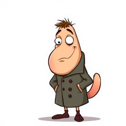 A humorous illustration featuring an anthropomorphic character resembling a phallic shape wearing an overcoat