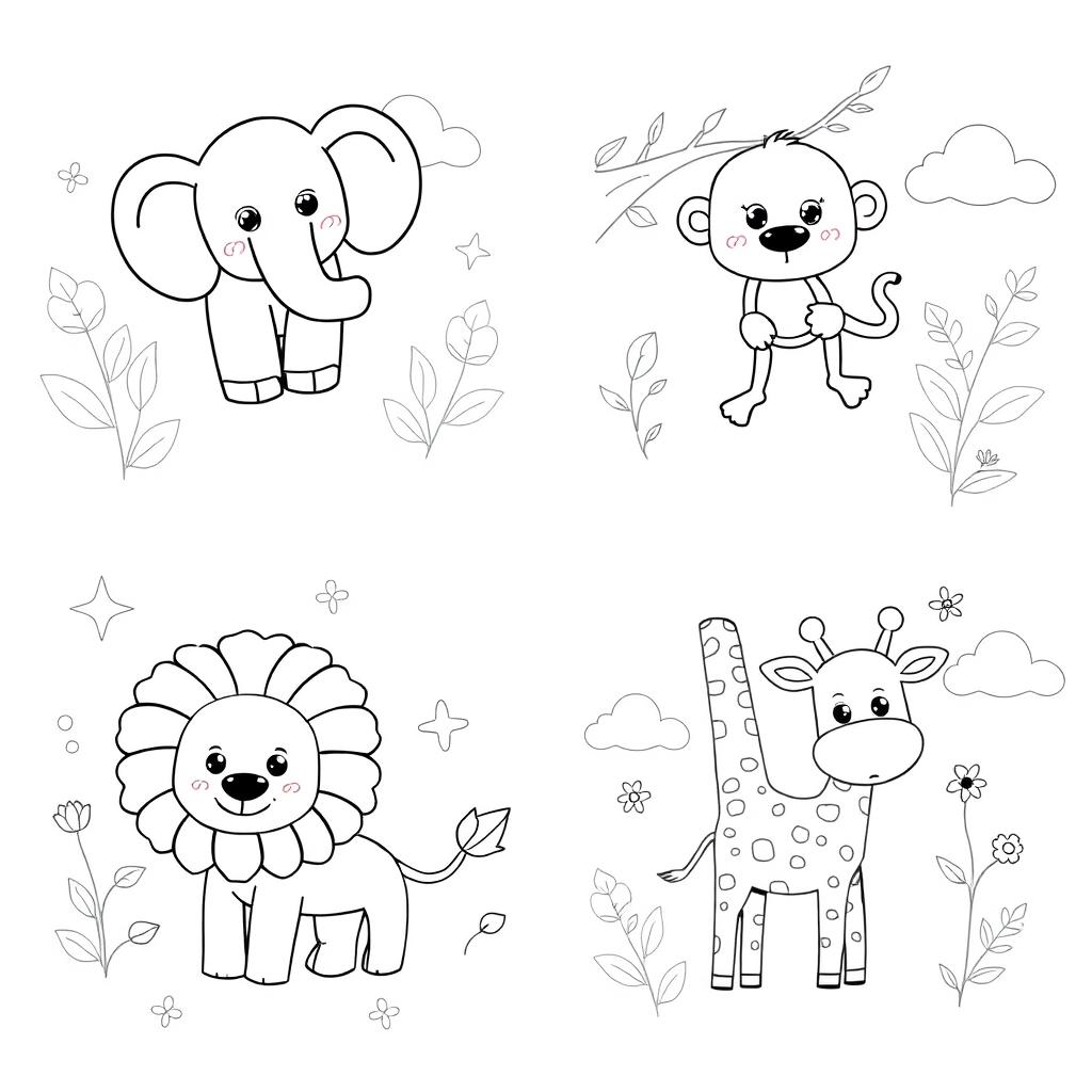 A set of charming black and white line drawings featuring various cute animals for children to color