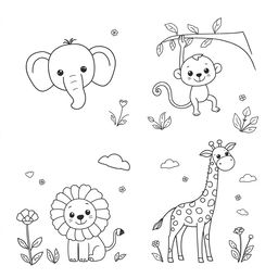 A set of charming black and white line drawings featuring various cute animals for children to color