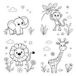 A set of charming black and white line drawings featuring various cute animals for children to color