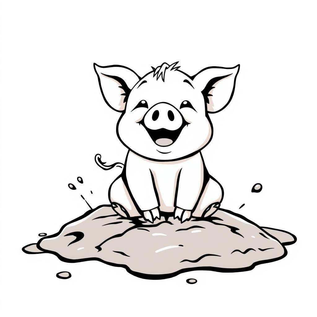 A cute and happy little pig playing joyfully in the mud, depicted in a simple black and white drawing style