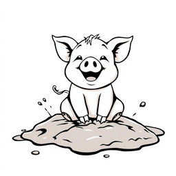 A cute and happy little pig playing joyfully in the mud, depicted in a simple black and white drawing style