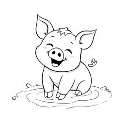 A cute and happy little pig playing joyfully in the mud, depicted in a simple black and white drawing style