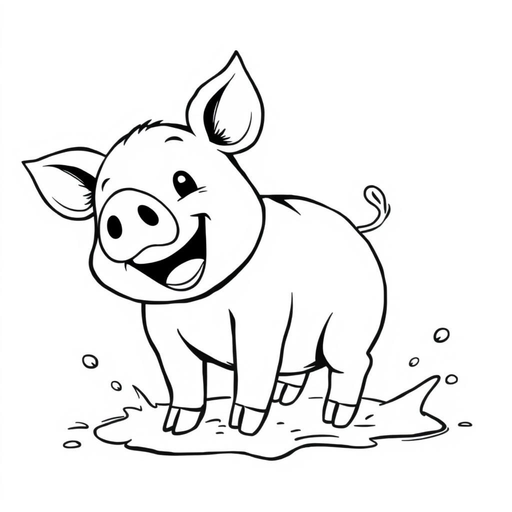 A cute and happy little pig playing joyfully in the mud, depicted in a simple black and white drawing style