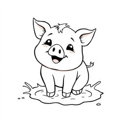 A cute and happy little pig playing joyfully in the mud, depicted in a simple black and white drawing style