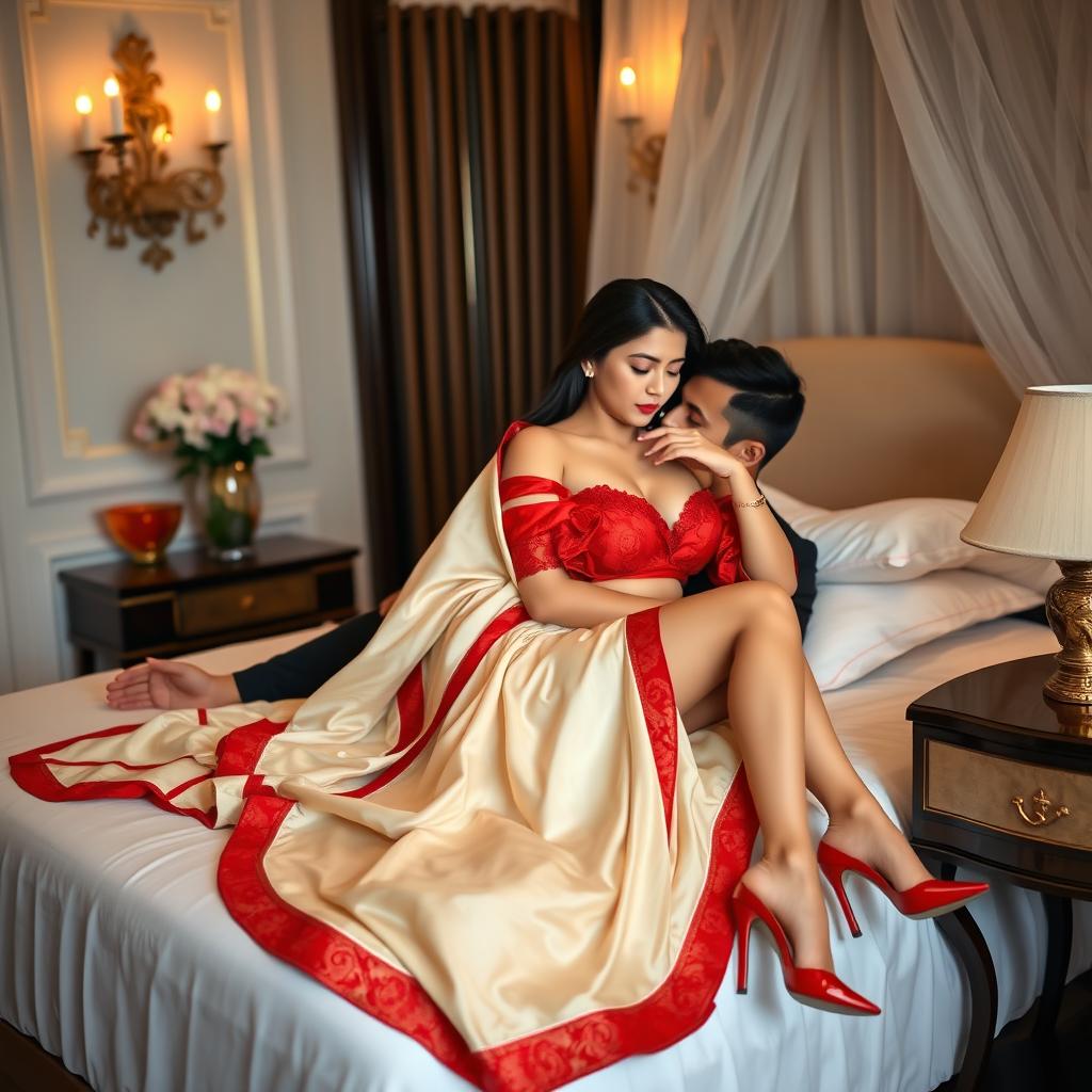 A sexy Thailand pornstar with a voluptuous figure, showcased in an intimate and romantic setting with her boyfriend on a bed in an elegantly decorated oyo room