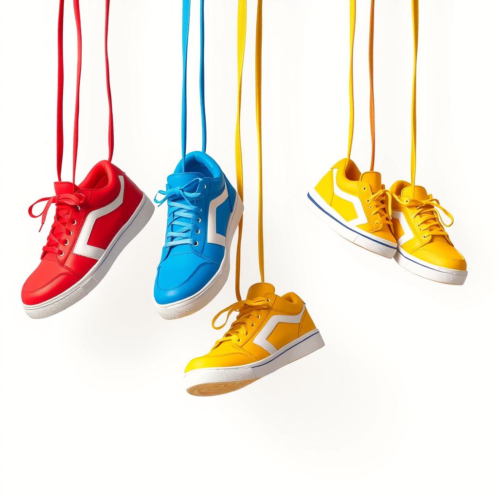 A vibrant scene featuring pairs of 2D hanging sneakers, suspended by their laces