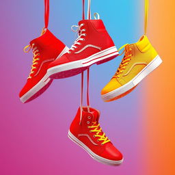 A vibrant scene featuring pairs of 2D hanging sneakers, suspended by their laces