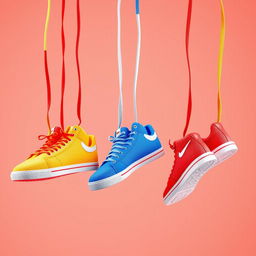 A vibrant scene featuring pairs of 2D hanging sneakers, suspended by their laces