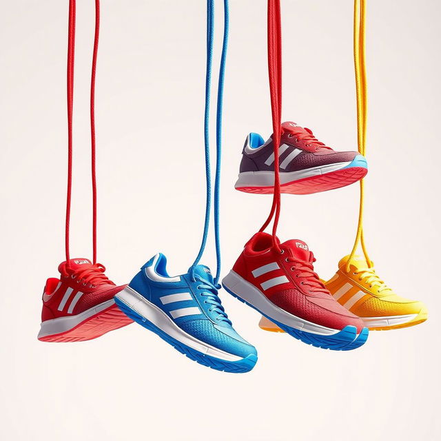 A vibrant scene featuring pairs of 2D hanging sneakers, suspended by their laces