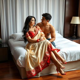 A sexy Thailand pornstar with a voluptuous figure, captured in a sensual and intimate moment with her boyfriend on a bed in an oyo room