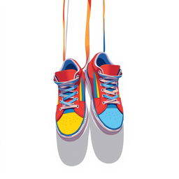 A stylish illustration featuring a pair of 2D hanging sneakers, prominently displayed from the front view