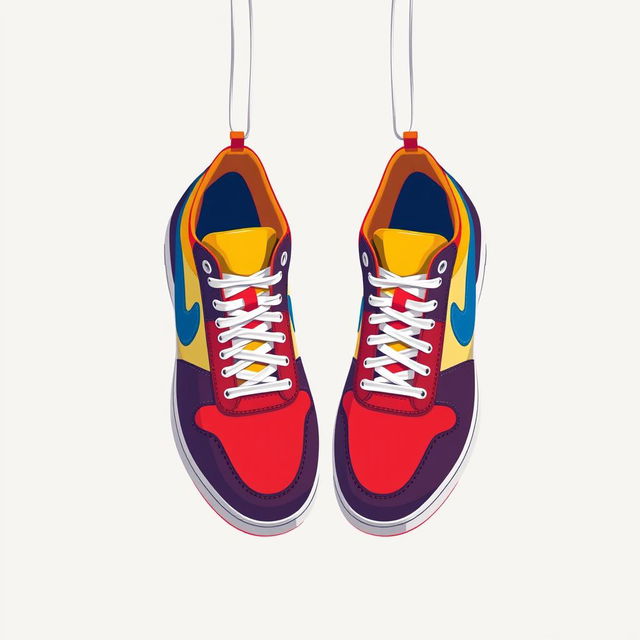 A stylish illustration featuring a pair of 2D hanging sneakers, prominently displayed from the front view