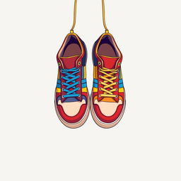 A stylish illustration featuring a pair of 2D hanging sneakers, prominently displayed from the front view