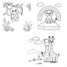 A series of black and white coloring sheets designed for children, each featuring two delightful animal friends