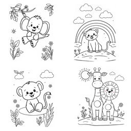 A series of black and white coloring sheets designed for children, each featuring two delightful animal friends