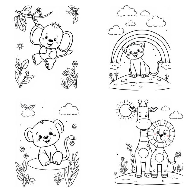 A series of black and white coloring sheets designed for children, each featuring two delightful animal friends