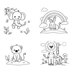 A series of black and white coloring sheets designed for children, each featuring two delightful animal friends