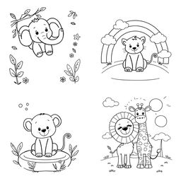 A series of black and white coloring sheets designed for children, each featuring two delightful animal friends