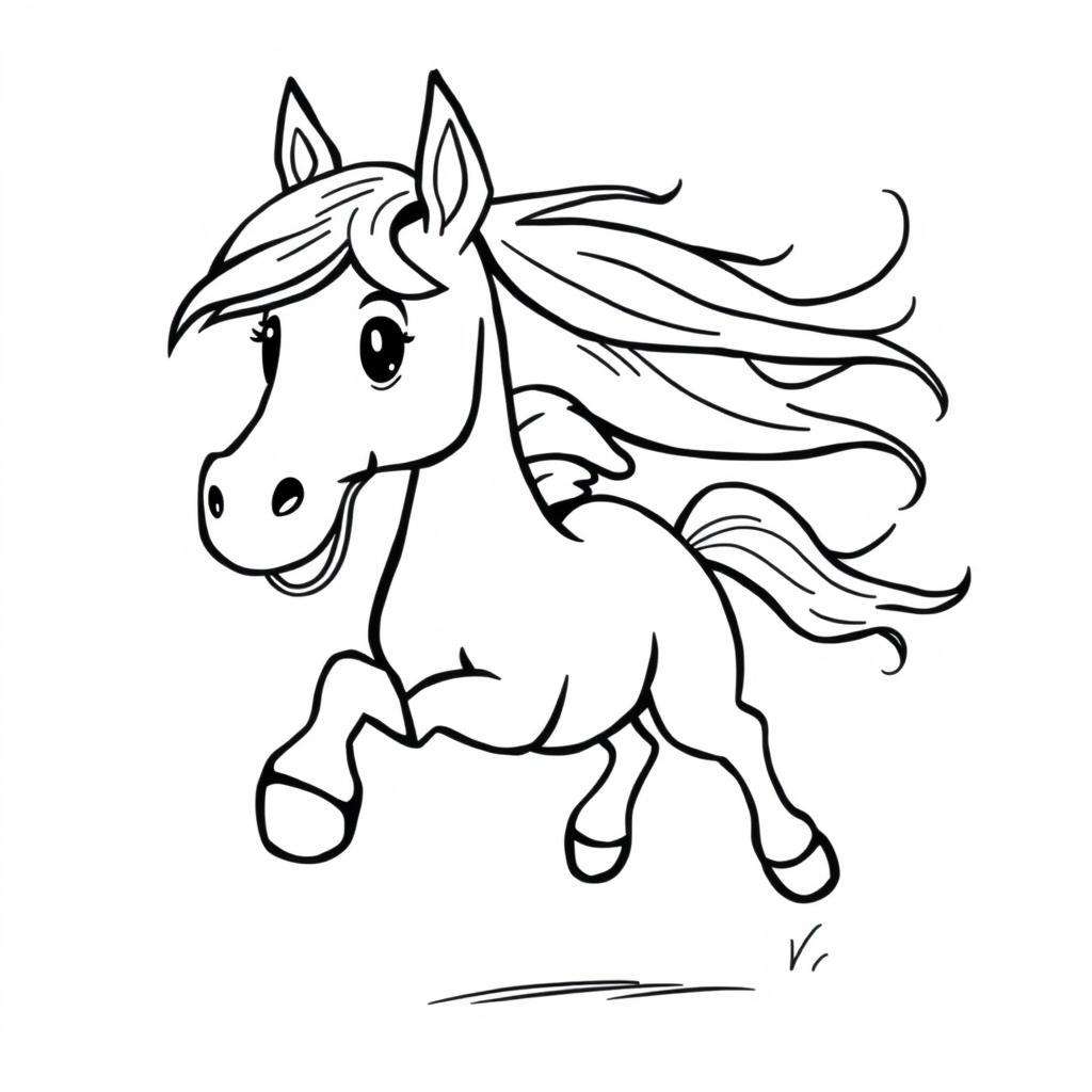 A playful horse running with its mane flowing in the wind