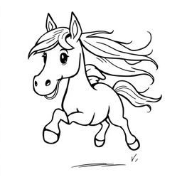 A playful horse running with its mane flowing in the wind