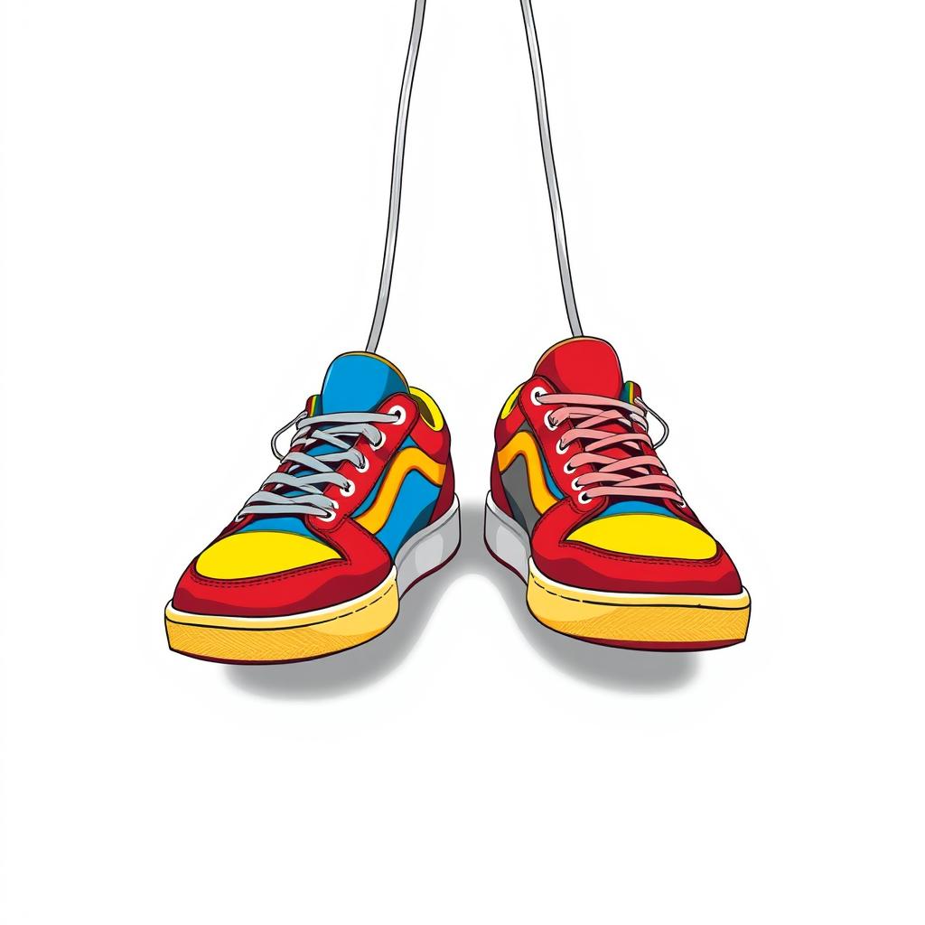 A stylish illustration featuring a pair of 2D hanging sneakers, prominently displayed from the front view