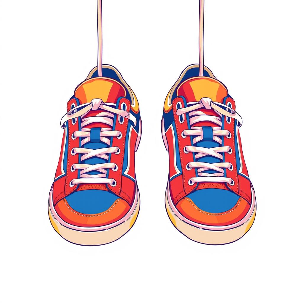 A stylish illustration featuring a pair of 2D hanging sneakers, prominently displayed from the front view