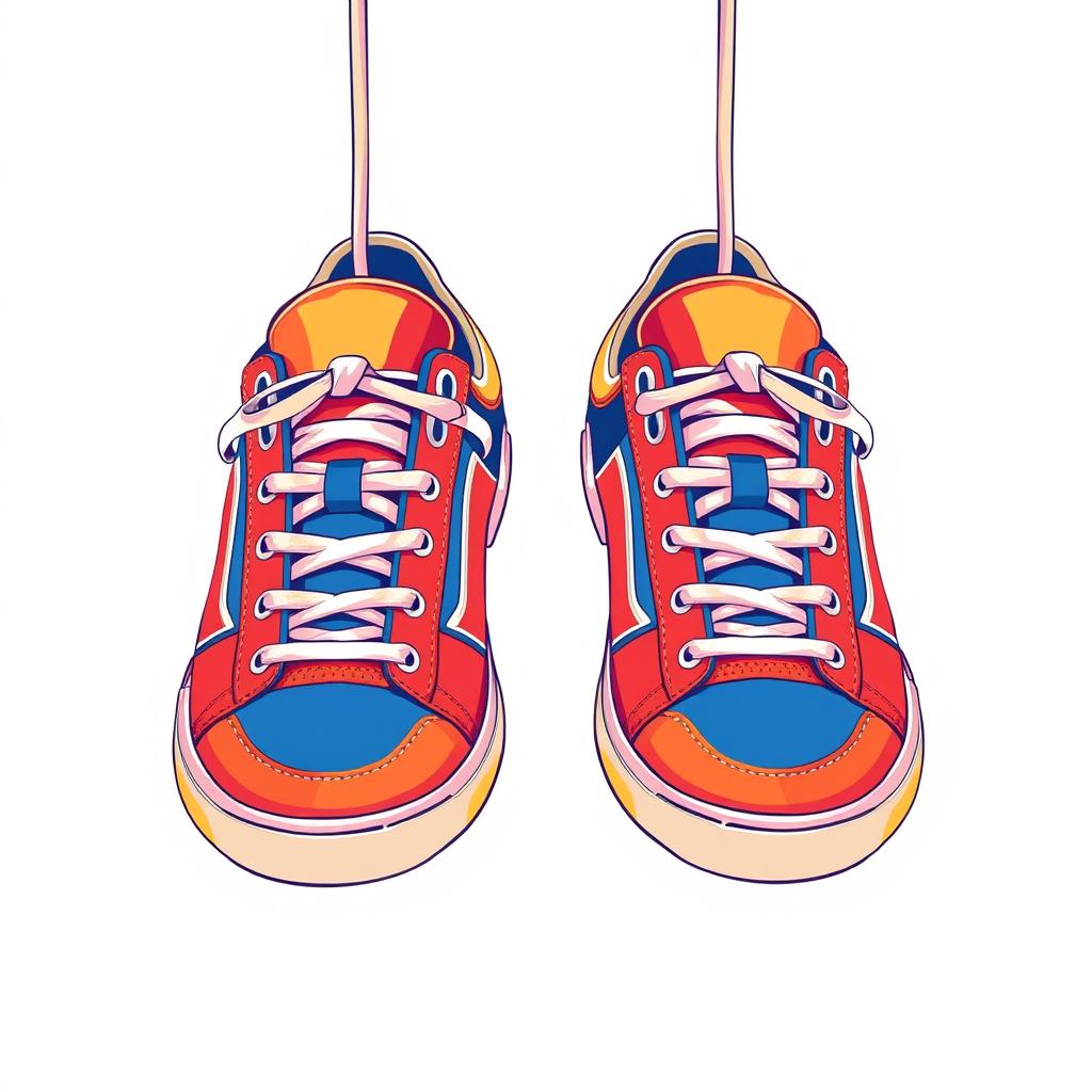 A stylish illustration featuring a pair of 2D hanging sneakers, prominently displayed from the front view