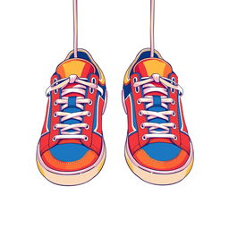 A stylish illustration featuring a pair of 2D hanging sneakers, prominently displayed from the front view