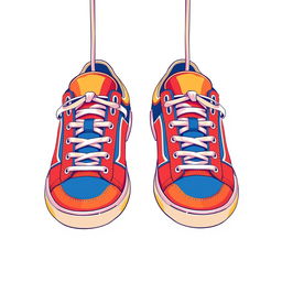 A stylish illustration featuring a pair of 2D hanging sneakers, prominently displayed from the front view