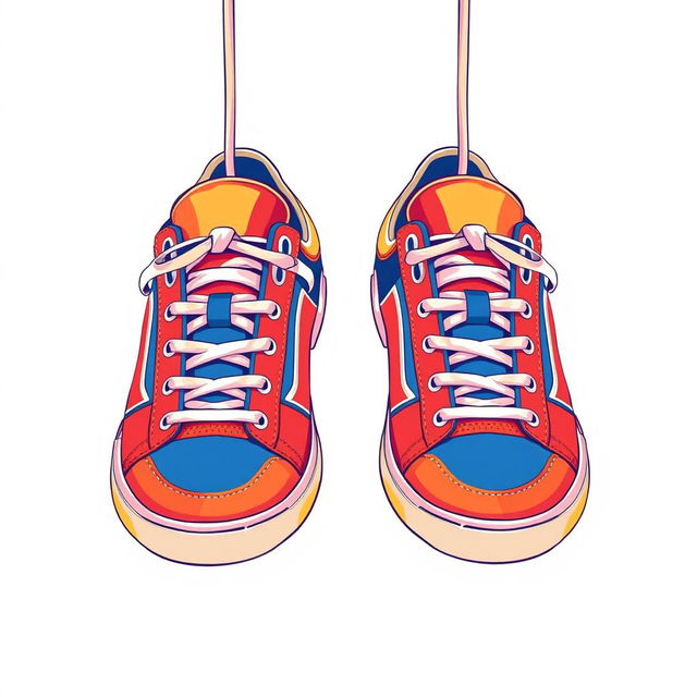 A stylish illustration featuring a pair of 2D hanging sneakers, prominently displayed from the front view