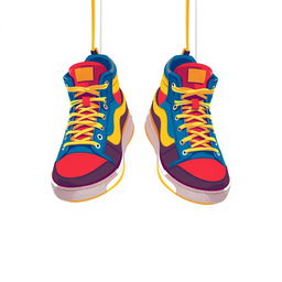 A stylish illustration featuring a pair of 2D hanging sneakers, prominently displayed from the front view