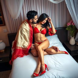 A sexy Thailand pornstar with a voluptuous figure, captured in an intimate moment with her boyfriend on a bed in an oyo room