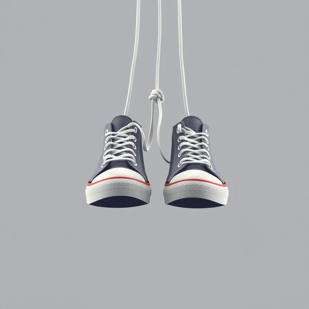 An artistic depiction of a pair of 2D hanging sneakers suspended by their laces