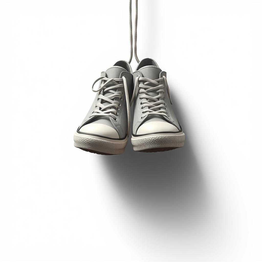 An artistic depiction of a pair of 2D hanging sneakers suspended by their laces