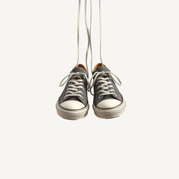 An artistic depiction of a pair of 2D hanging sneakers suspended by their laces