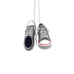 An artistic depiction of a pair of 2D hanging sneakers suspended by their laces