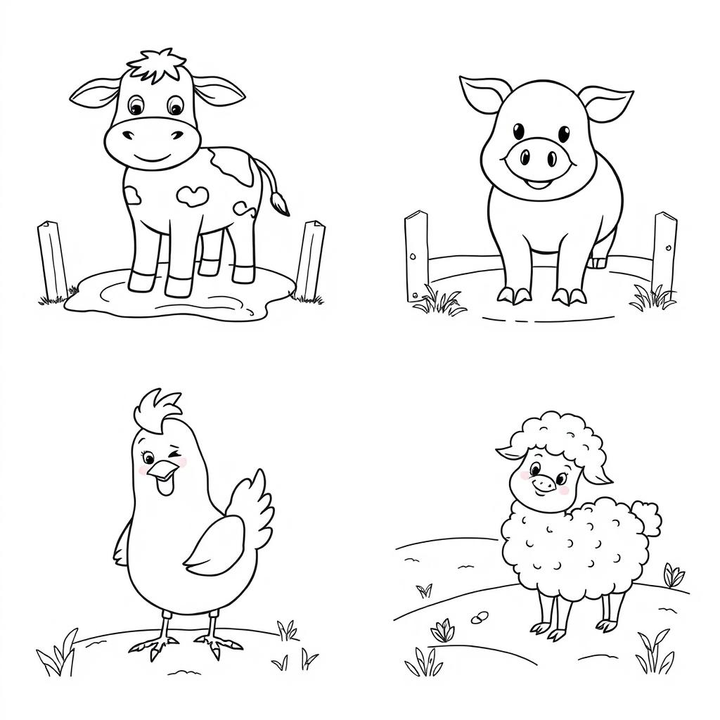 A delightful set of black and white line drawings featuring various farm animals designed for children to color