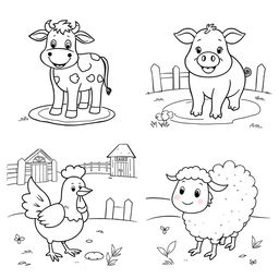 A delightful set of black and white line drawings featuring various farm animals designed for children to color