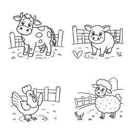 A delightful set of black and white line drawings featuring various farm animals designed for children to color