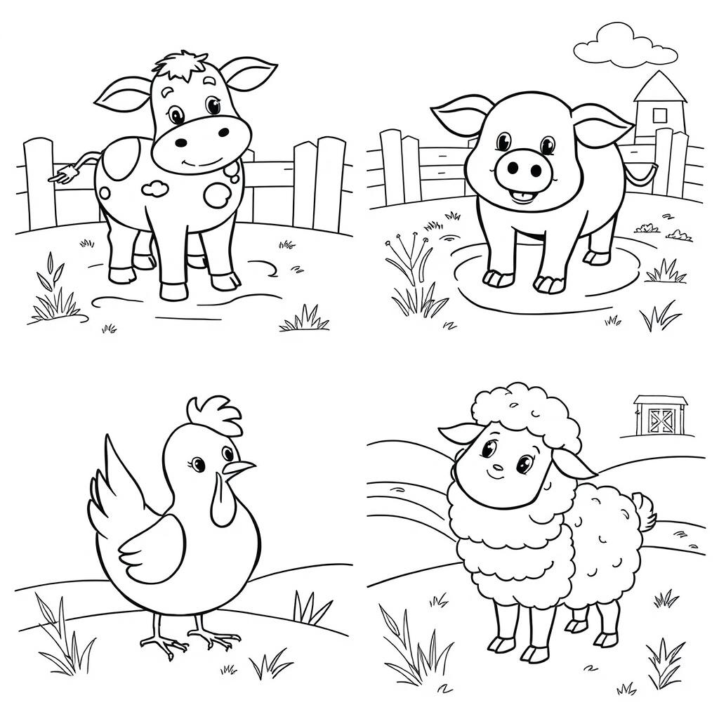 A delightful set of black and white line drawings featuring various farm animals designed for children to color