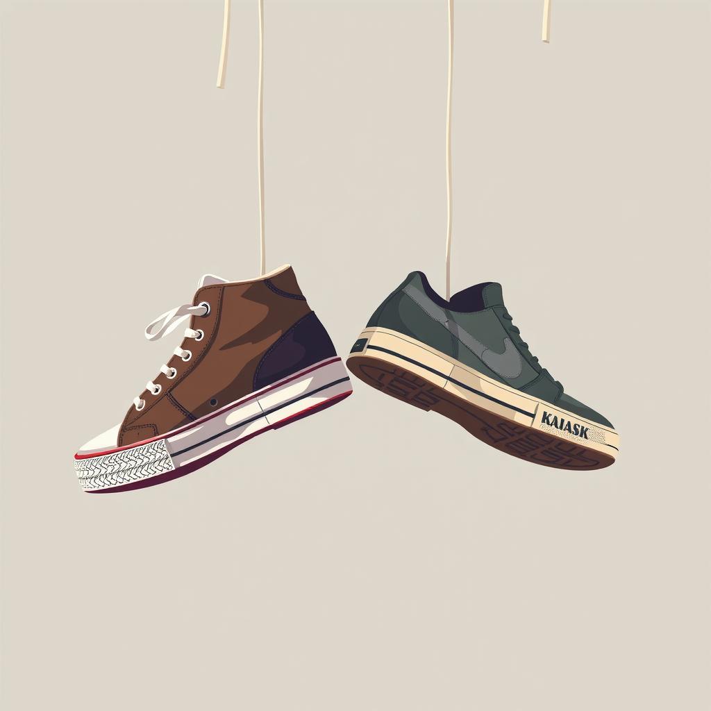 An artistic depiction of a pair of 2D hanging sneakers suspended by their laces