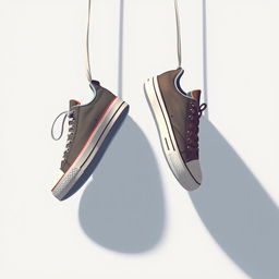 An artistic depiction of a pair of 2D hanging sneakers suspended by their laces